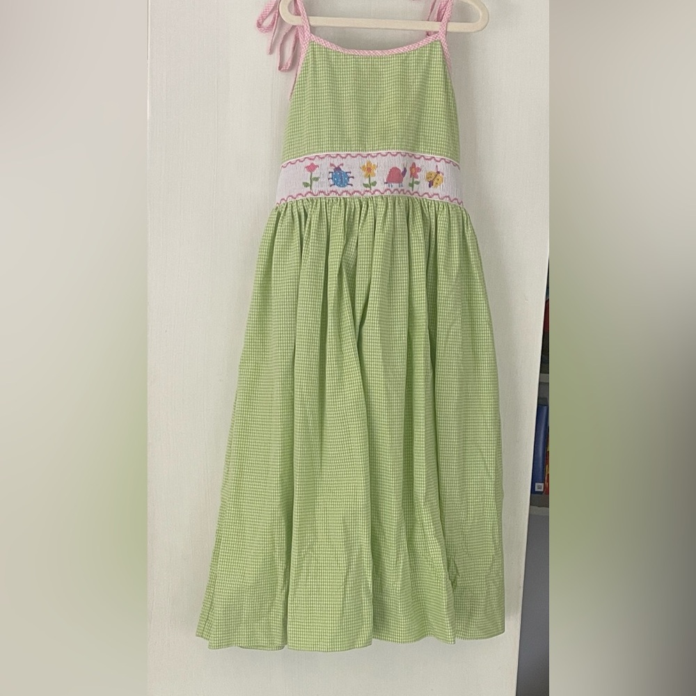 Green Gingham Amanimi smock dress 6X girls spring long smocked butterfly